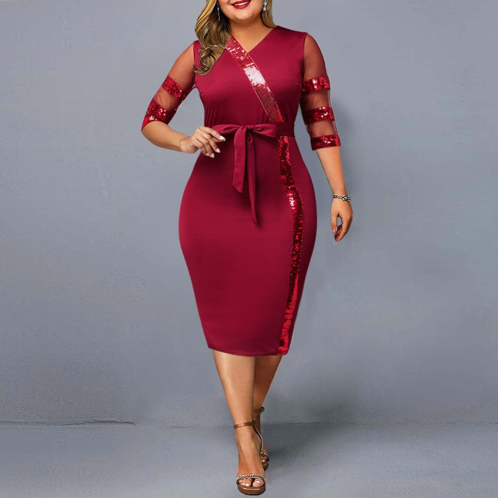 New Mesh Sequin Stitching plus Size Women'S Dress
