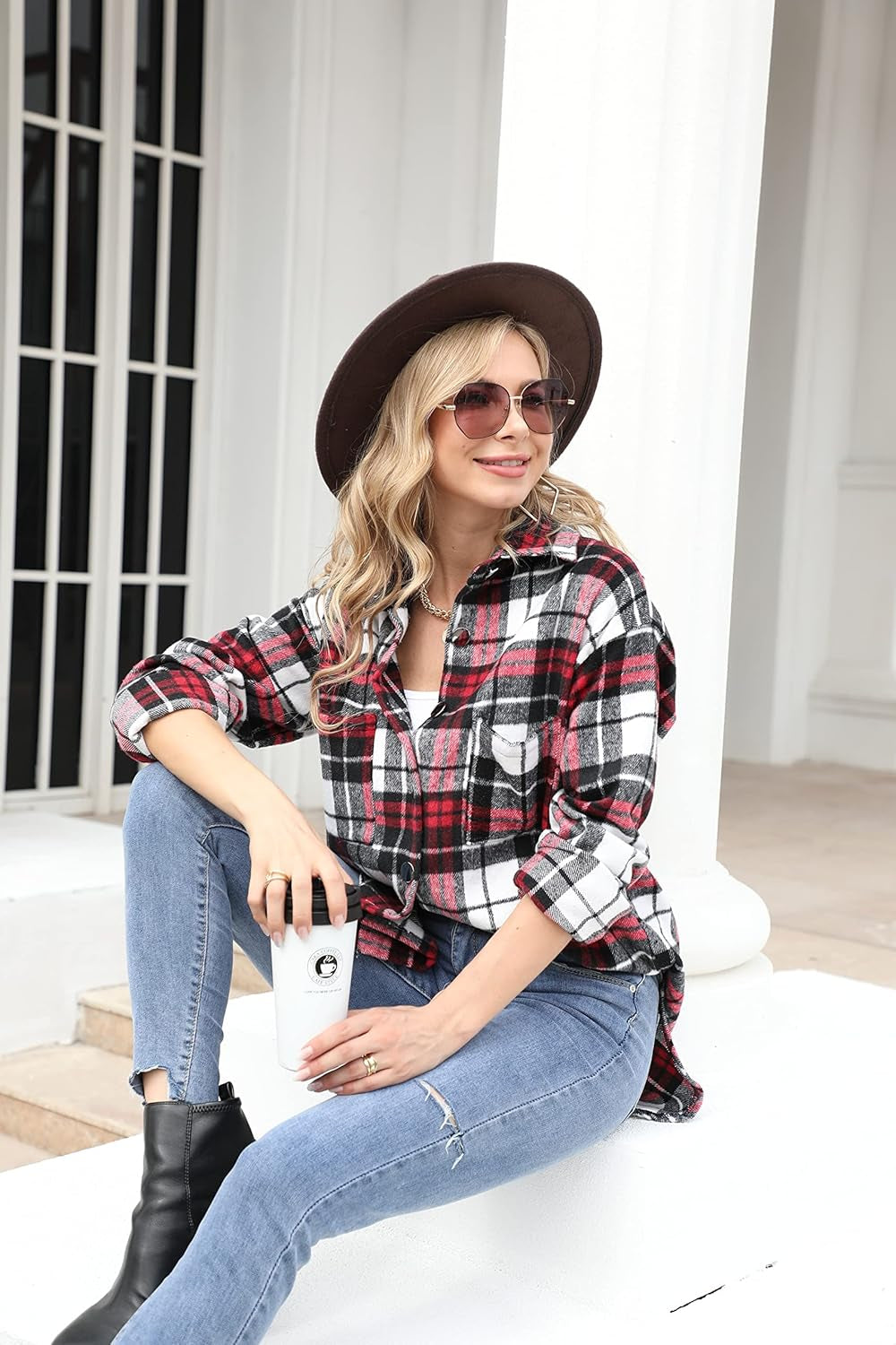 Women Plaid Shirt Button down Flannel Shacket Long Sleeve Coat Jacket Tops Trendy 2025