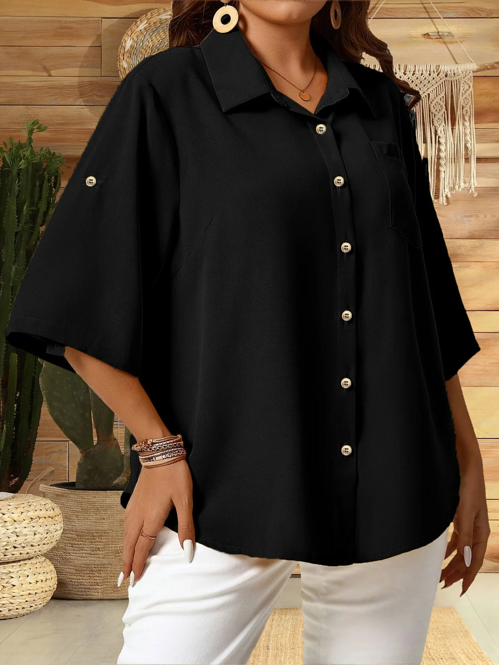 Women plus Size Button-Up Front Collar Shirt