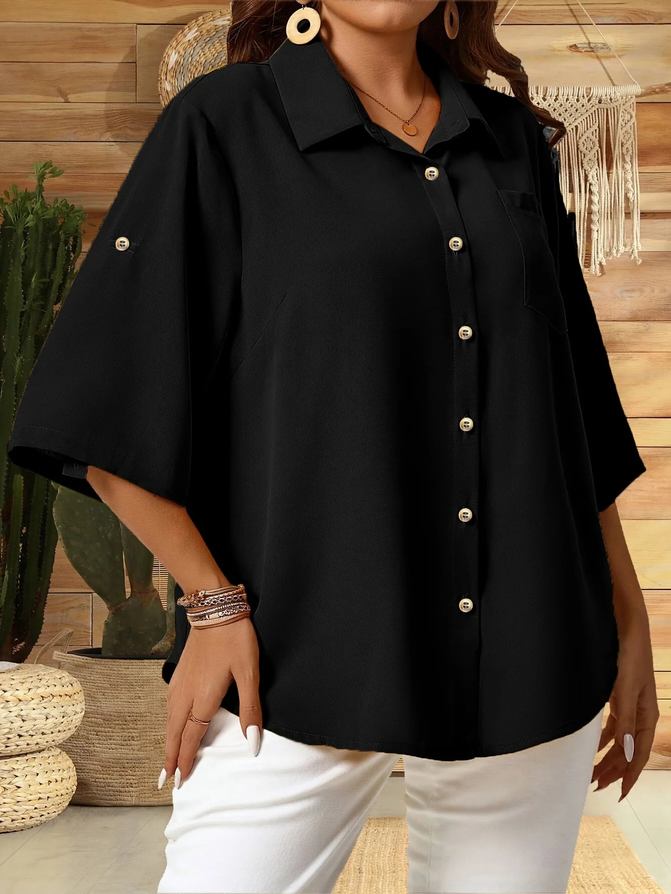 Women plus Size Button-Up Front Collar Shirt