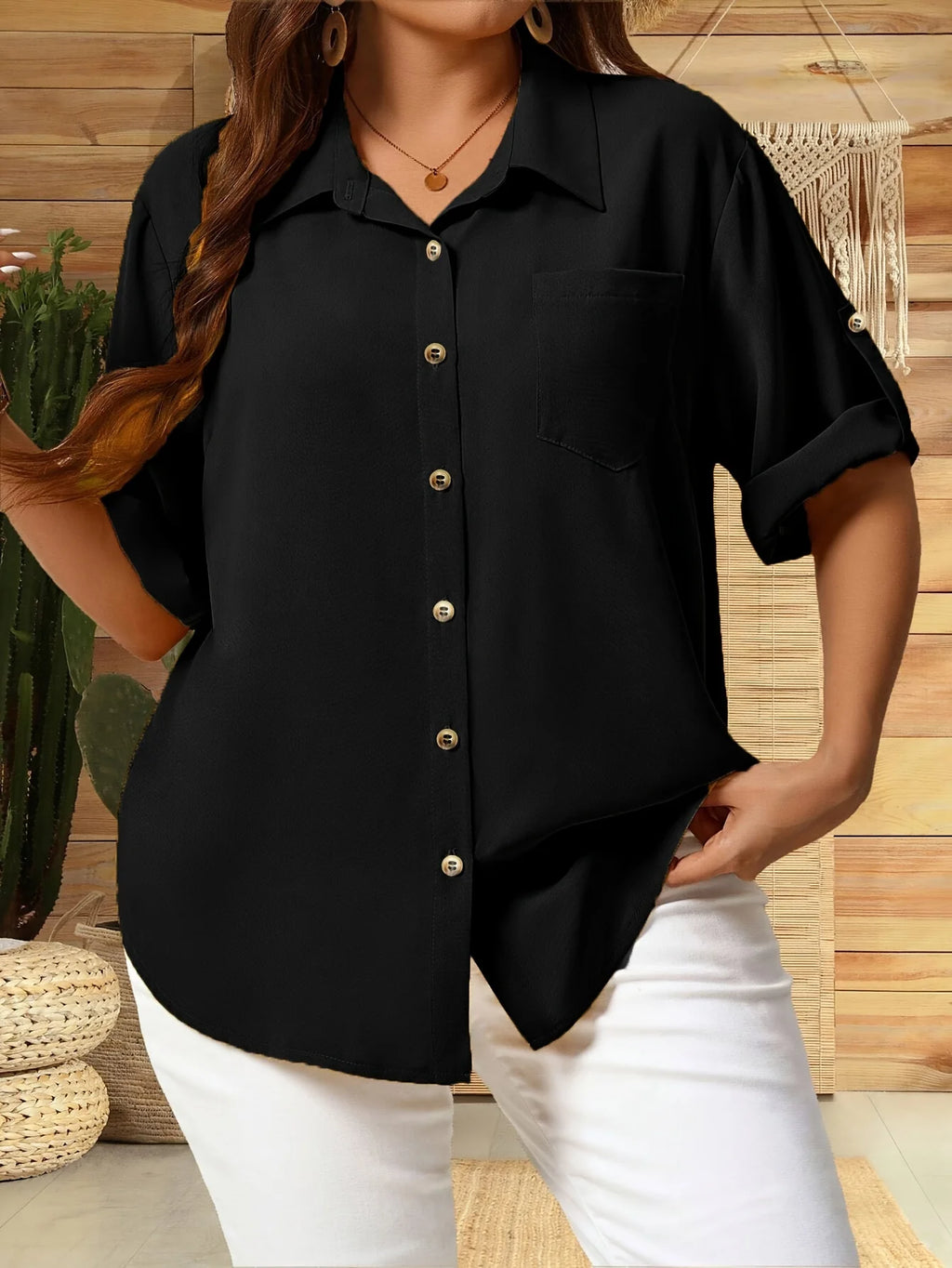 Women plus Size Button-Up Front Collar Shirt