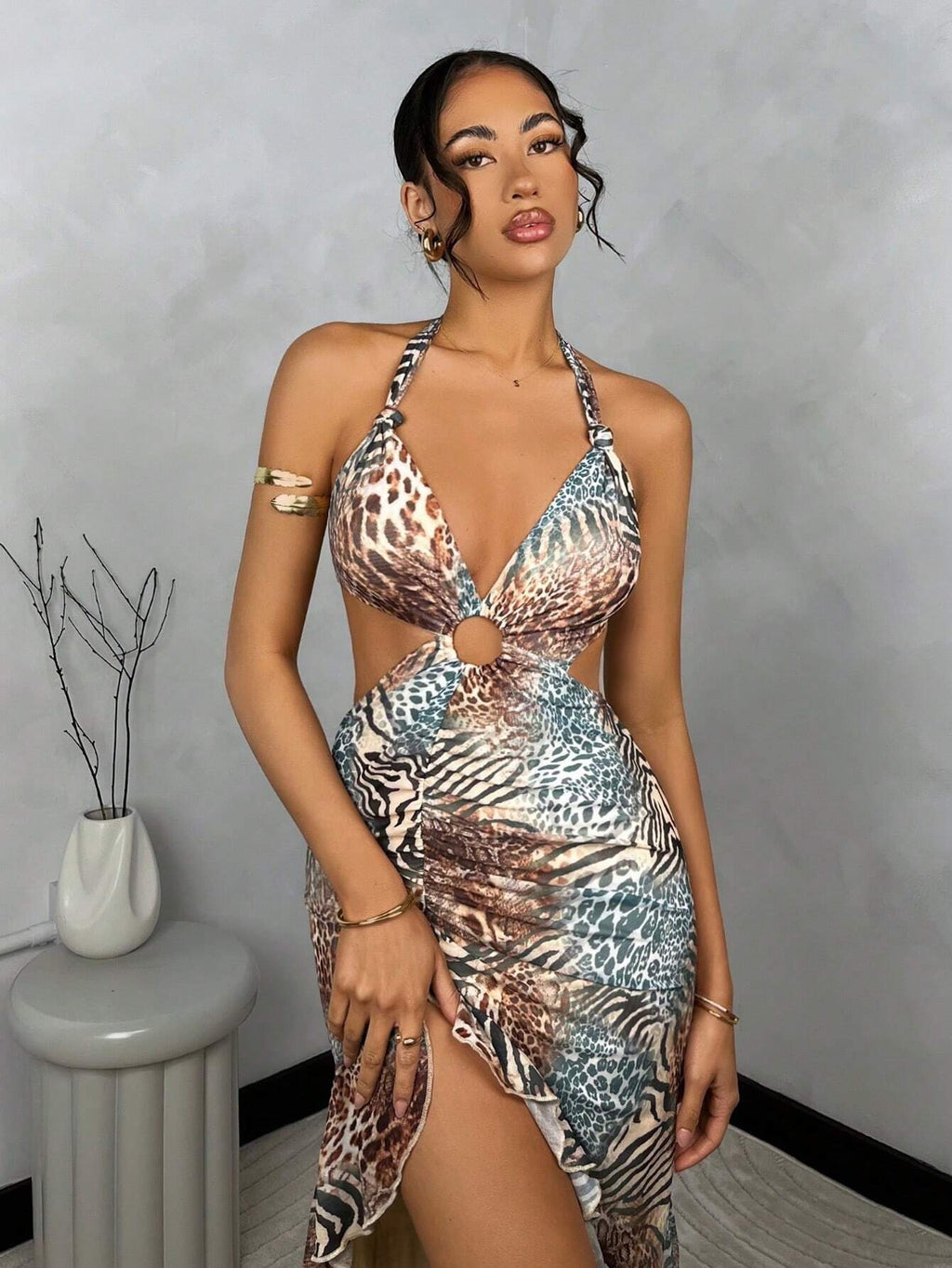 SHEIN BAE Hollow Out Random Printed High Slit Ruffle Hem Dress,Sun Dress,Summer Dresses for Women