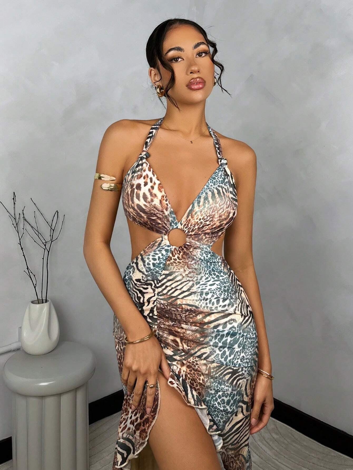 SHEIN BAE Hollow Out Random Printed High Slit Ruffle Hem Dress,Sun Dress,Summer Dresses for Women