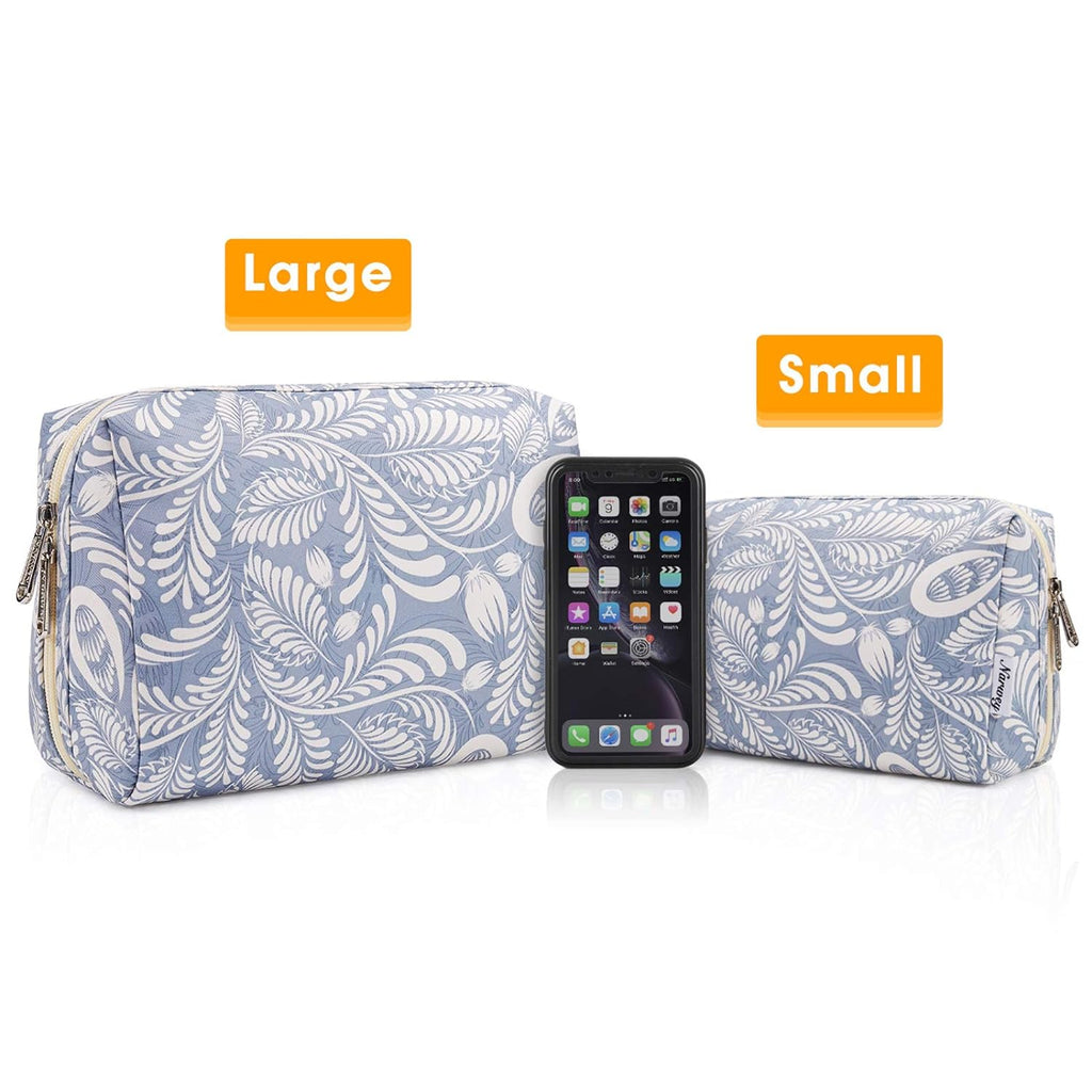 Cute Makeup Bag Travel Cosmetic Bag Organizer Toiletry Bag Make up Bags with Compartments for Women Girls (Large, Blue Leaf)
