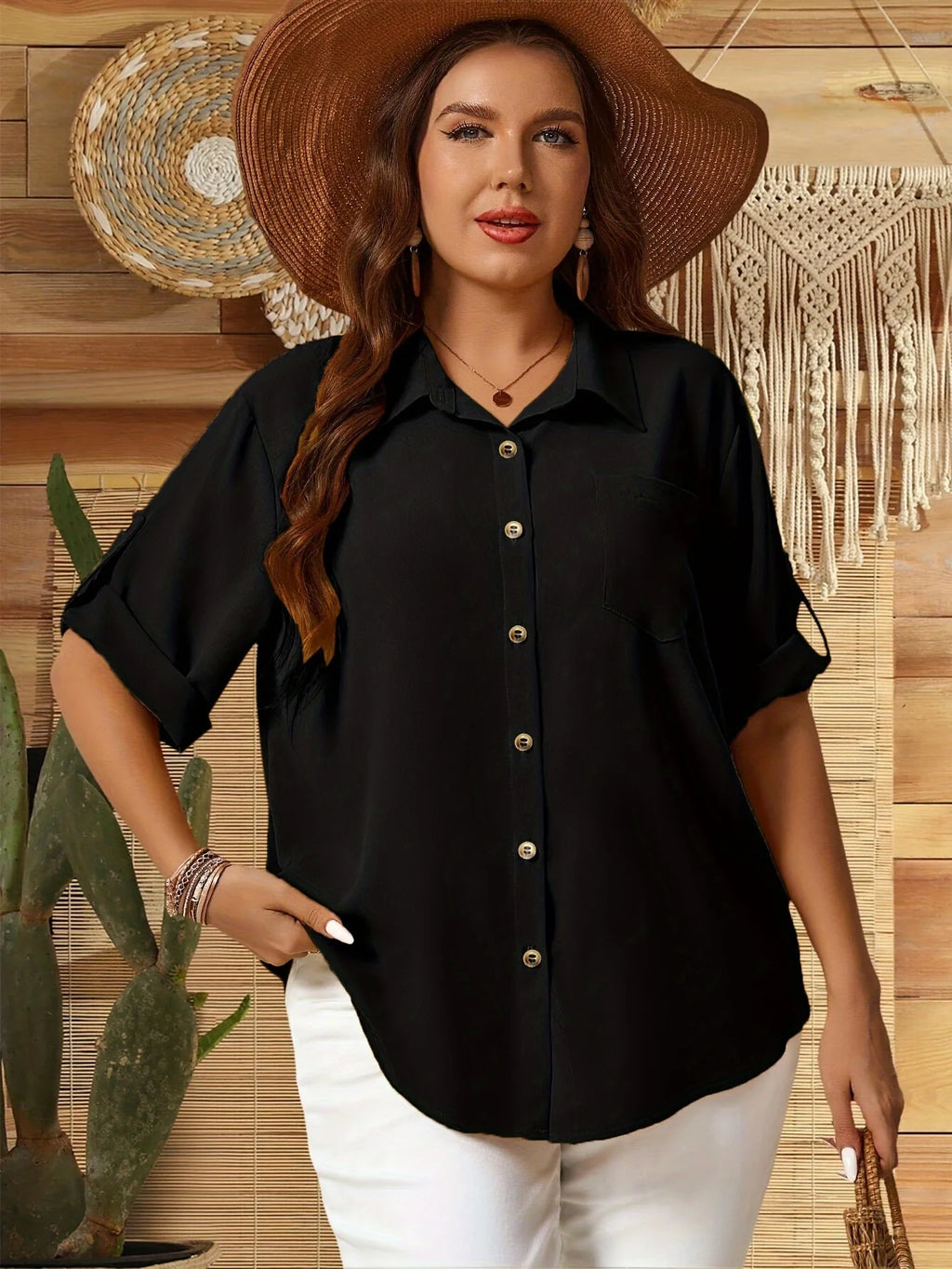 Women plus Size Button-Up Front Collar Shirt