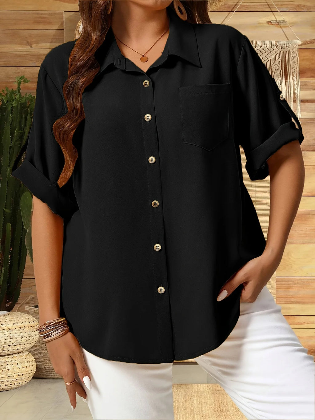 Women plus Size Button-Up Front Collar Shirt
