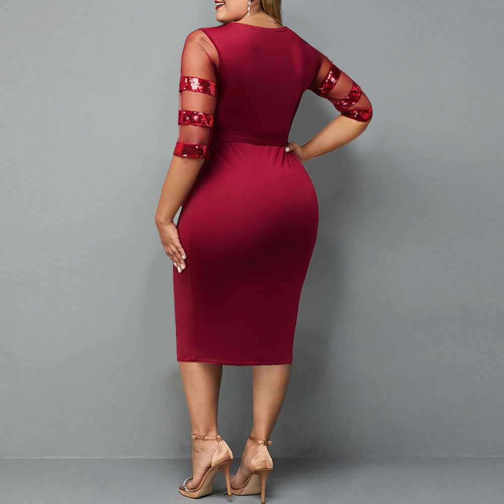 New Mesh Sequin Stitching plus Size Women'S Dress
