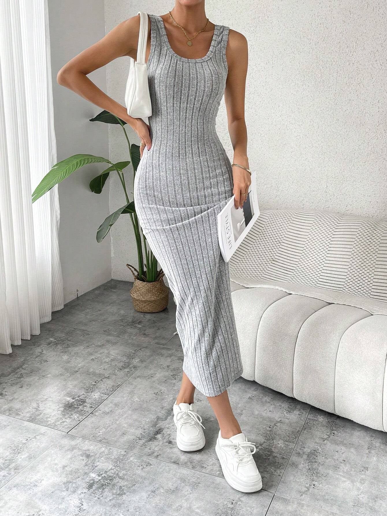Breezaya Solid Ribbed Knit Tank Dress Maxi Vacation Beach Outfits Women
