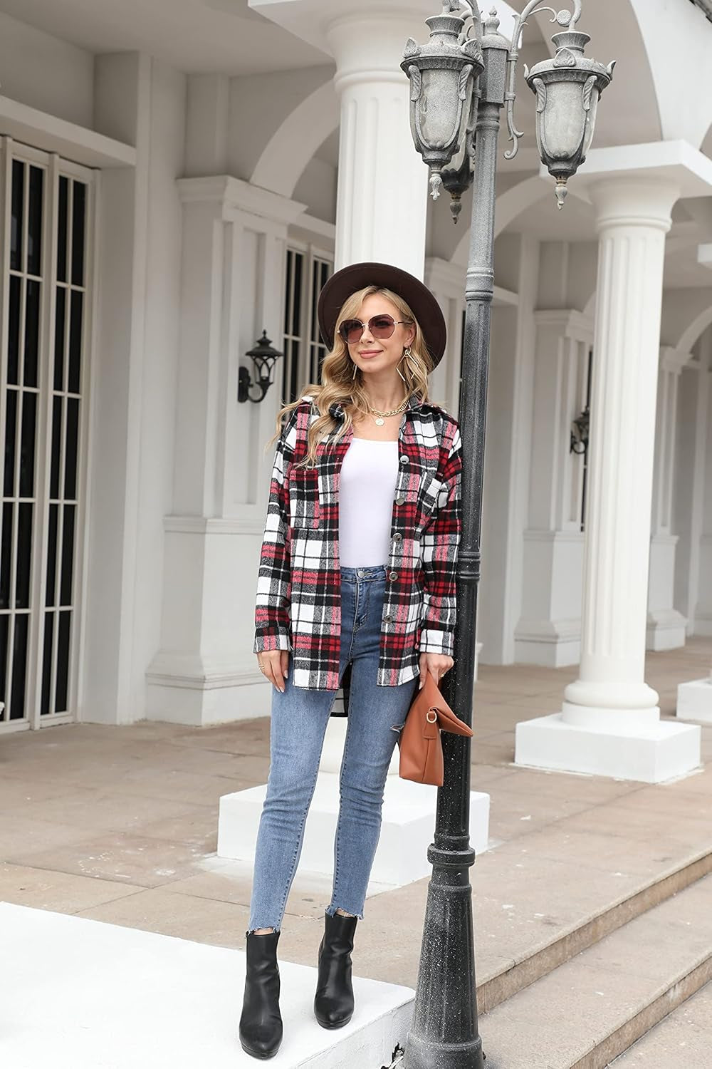 Women Plaid Shirt Button down Flannel Shacket Long Sleeve Coat Jacket Tops Trendy 2025