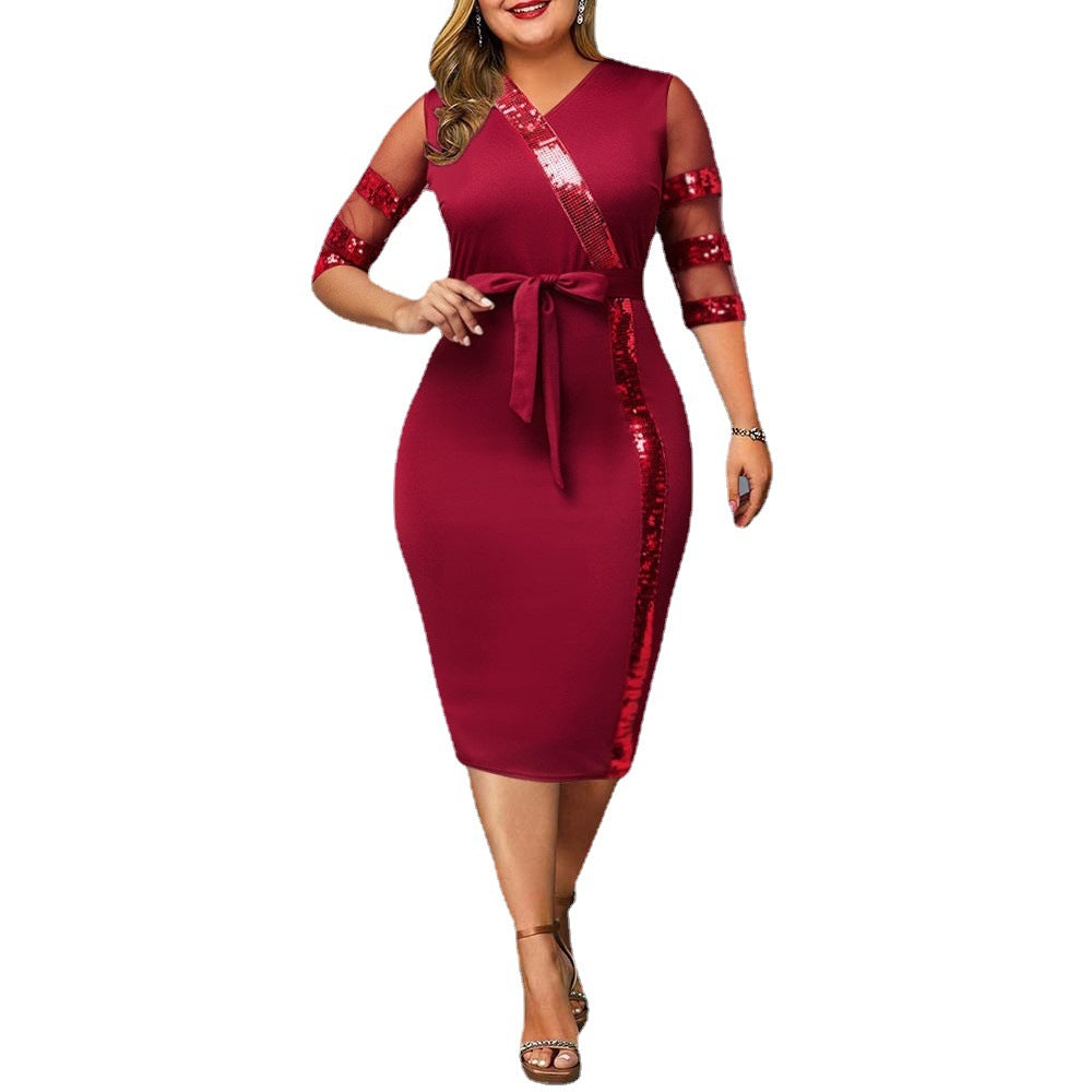 New Mesh Sequin Stitching plus Size Women'S Dress
